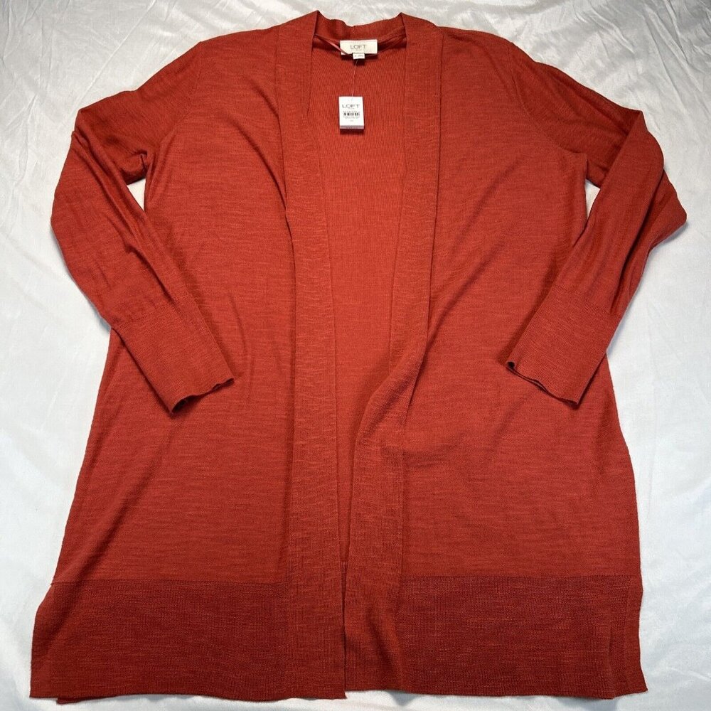 Loft Outlet Cardigan Size Medium Orange Open Front Longline Lightweight Knit
